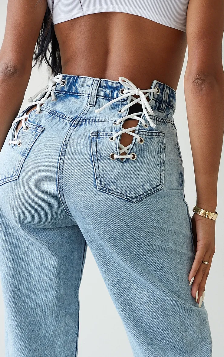 Shape Vintage Wash Lace Up Detail Straight Leg Jeans sold by Pretty Little Thing product image thumbnail 4