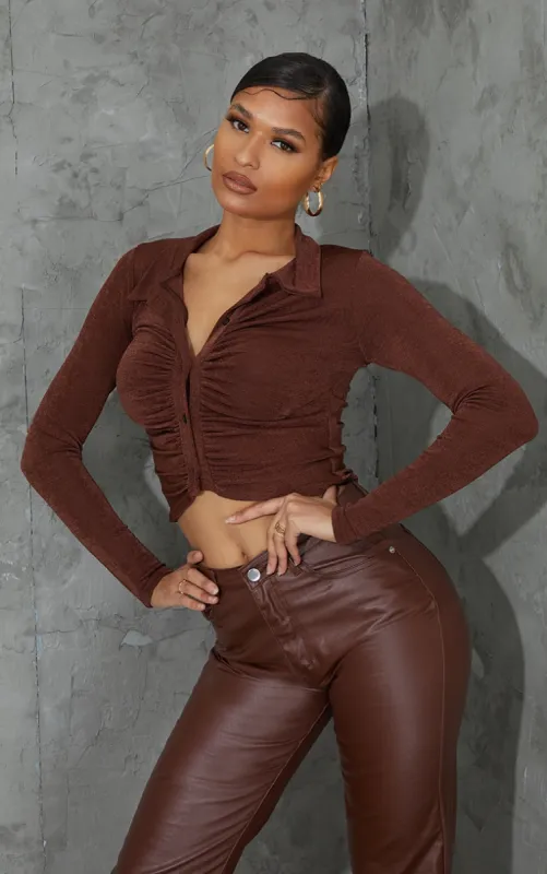 Chocolate Acetate Slinky Ruched Front Shirt sold by Pretty Little Thing