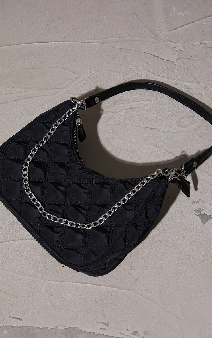 Black Quilted Silver Chain Detail Shoulder Bag sold by Pretty Little Thing product image thumbnail 2