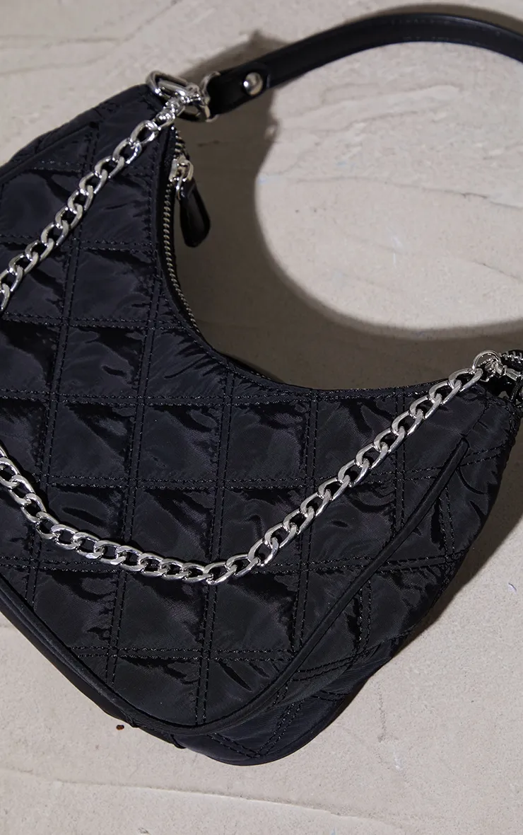 Black Quilted Silver Chain Detail Shoulder Bag sold by Pretty Little Thing product image thumbnail 3