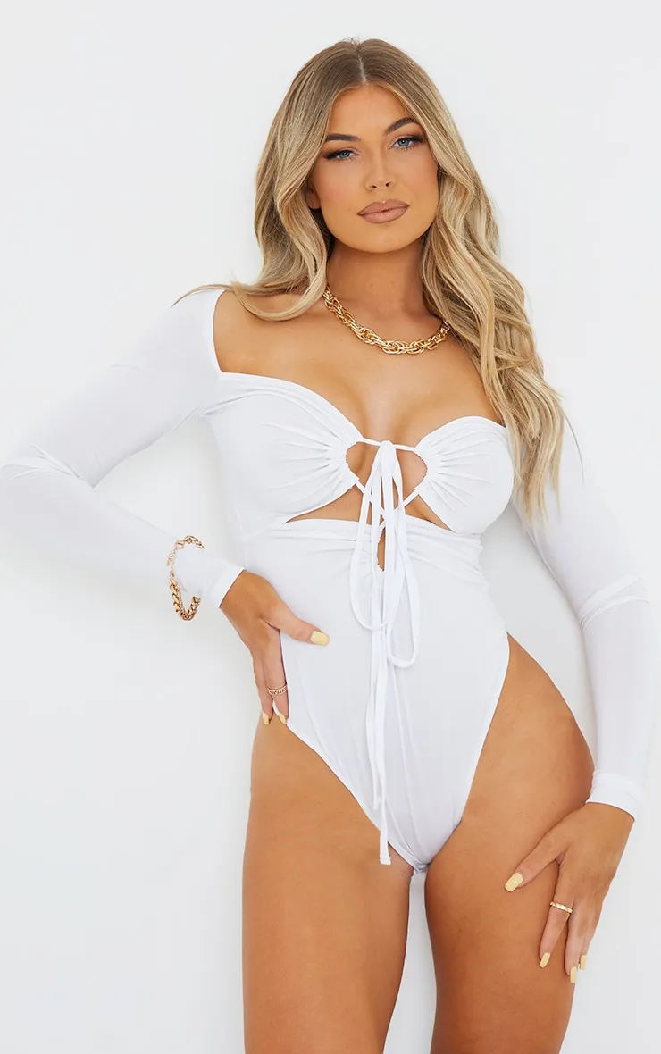 White Slinky Long Sleeve Lace Up Tie Detail Bodysuit sold by Pretty Little Thing product image thumbnail 2