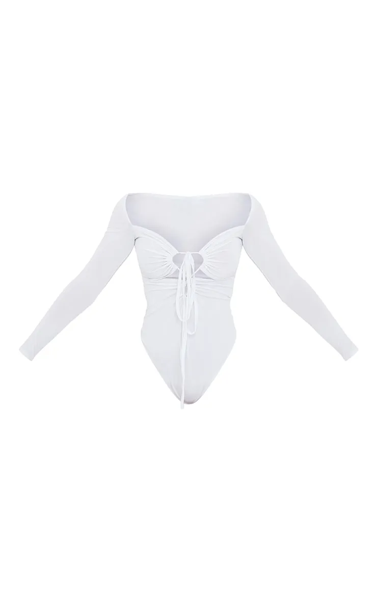 White Slinky Long Sleeve Lace Up Tie Detail Bodysuit sold by Pretty Little Thing product image thumbnail 5