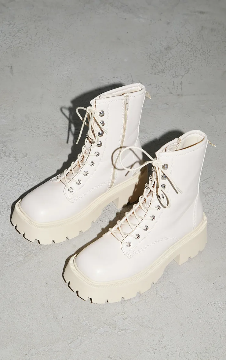 Beige Chunky Square Toe Lace Up Hiker Biker Boots sold by Pretty Little Thing product image thumbnail 3