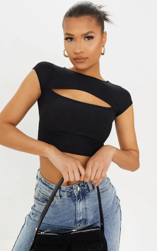 Black Rib Cut Out Short Sleeve Crop Top sold by Pretty Little Thing