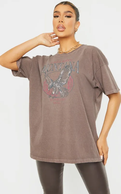 Chocolate Montana Logo Oversized Washed T Shirt sold by Pretty Little Thing
