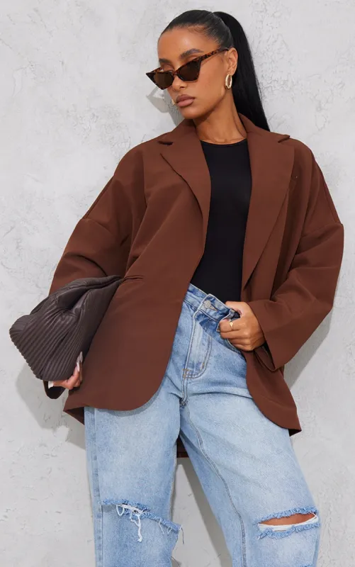Chocolate Woven Drop Shoulder Oversized Dad Blazer sold by Pretty Little Thing