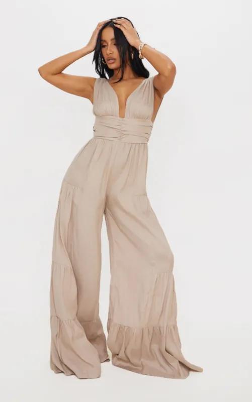 Stone Linen Look Plunge Tiered Wide Leg Jumpsuit sold by Pretty Little Thing
