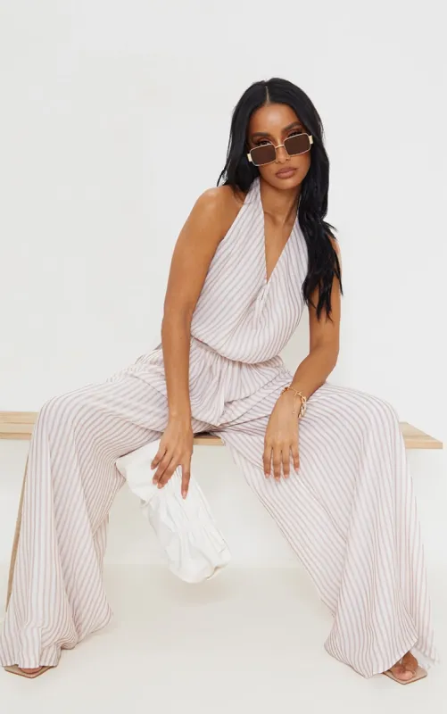 Dusty Pink Stripe Cowl Halterneck Wide Leg Jumpsuit sold by Pretty Little Thing