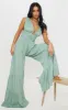 Sage Green Linen Look Plunge Tiered Wide Leg Jumpsuit sold by Pretty Little Thing