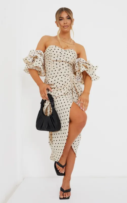 Cream Polka Dot Bardot Frill Sleeve Draped Midi Dress sold by Pretty Little Thing