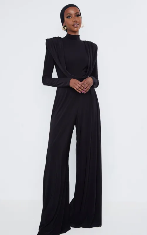 Black Slinky Drape Detail Pleated Wide Leg Jumpsuit sold by Pretty Little Thing