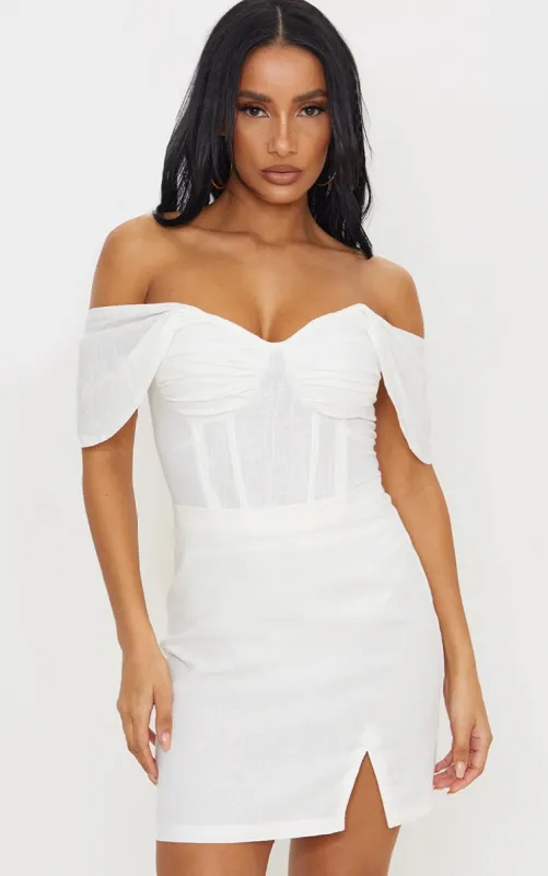 White Linen Look Bardot Draped Bust Corset Bodice Bodysuit sold by Pretty Little Thing