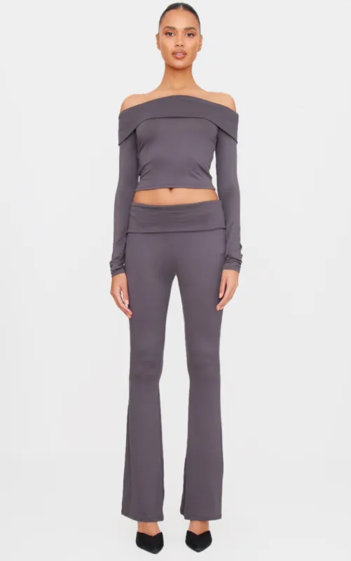 Charcoal Grey Soft Touch Fold Over Skinny Flares sold by Pretty Little Thing