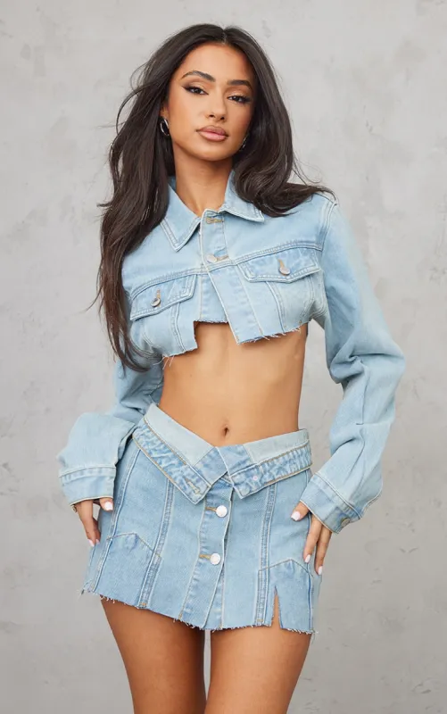 Petite Light Blue Wash Distressed Super Cropped Denim Jacket sold by Pretty Little Thing