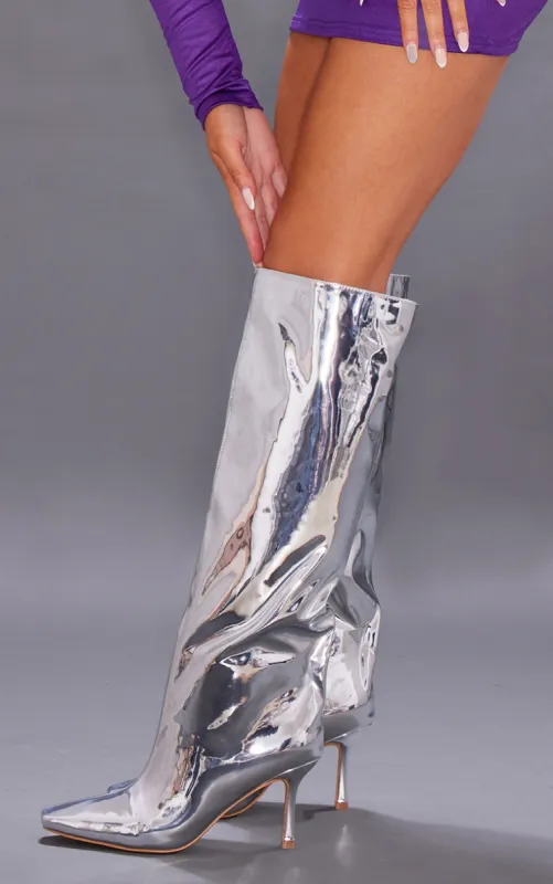 Silver Metallic Point Toe Knee High Heeled Boots sold by Pretty Little Thing
