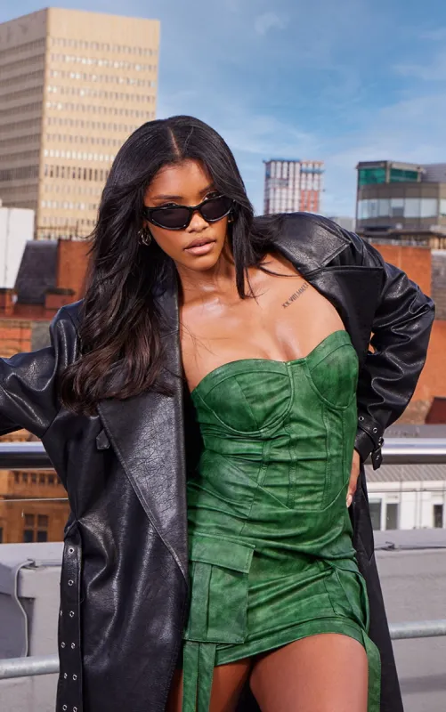 Khaki Acid Wash PU Pocket Detail Underwired Bodycon Dress sold by Pretty Little Thing