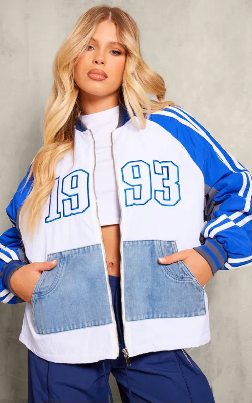 Blue Contrast Denim Pocket Oversized Bomber Jacket sold by Pretty Little Thing