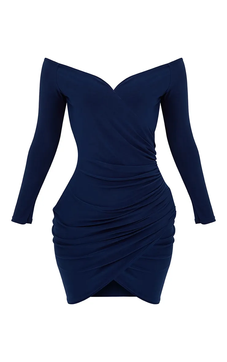 Shape Navy Ruched Bardot Bodycon Dress sold by Pretty Little Thing product image thumbnail 3
