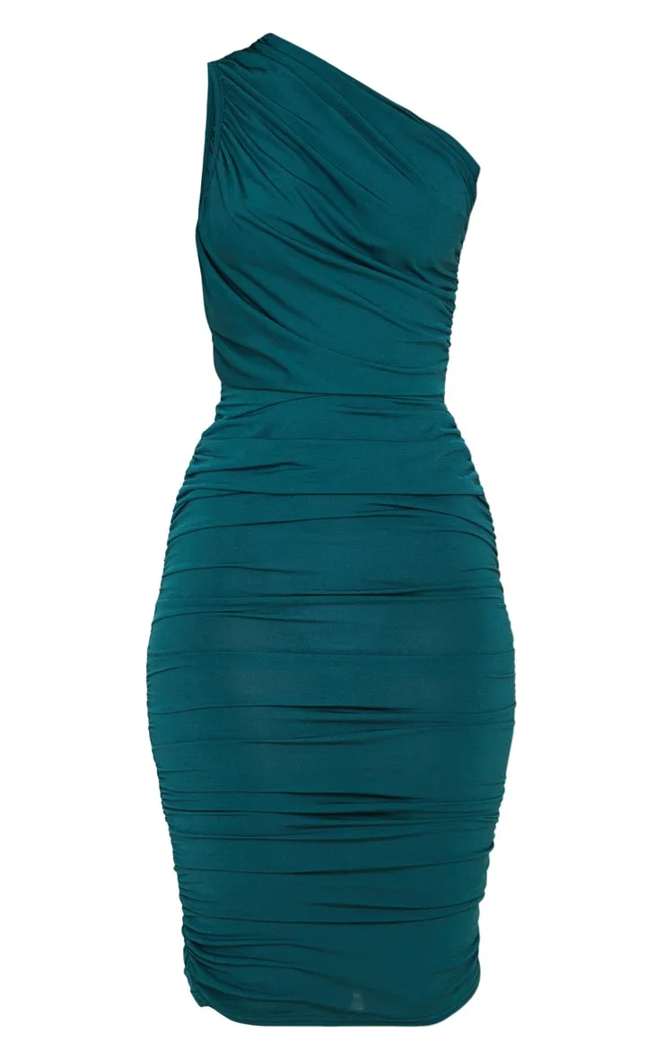 Emerald Green Slinky Ruched One Shoulder Longline Midi Dress sold by Pretty Little Thing product image thumbnail 3