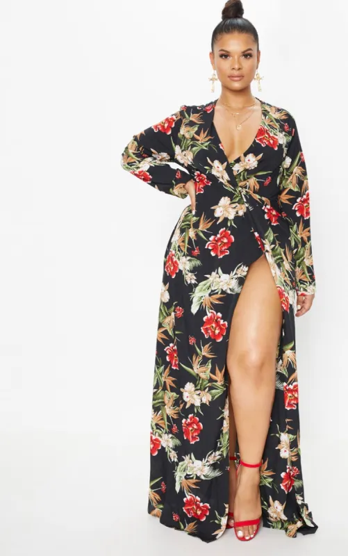 Plus Black Floral Twist Front Maxi Dress sold by Pretty Little Thing