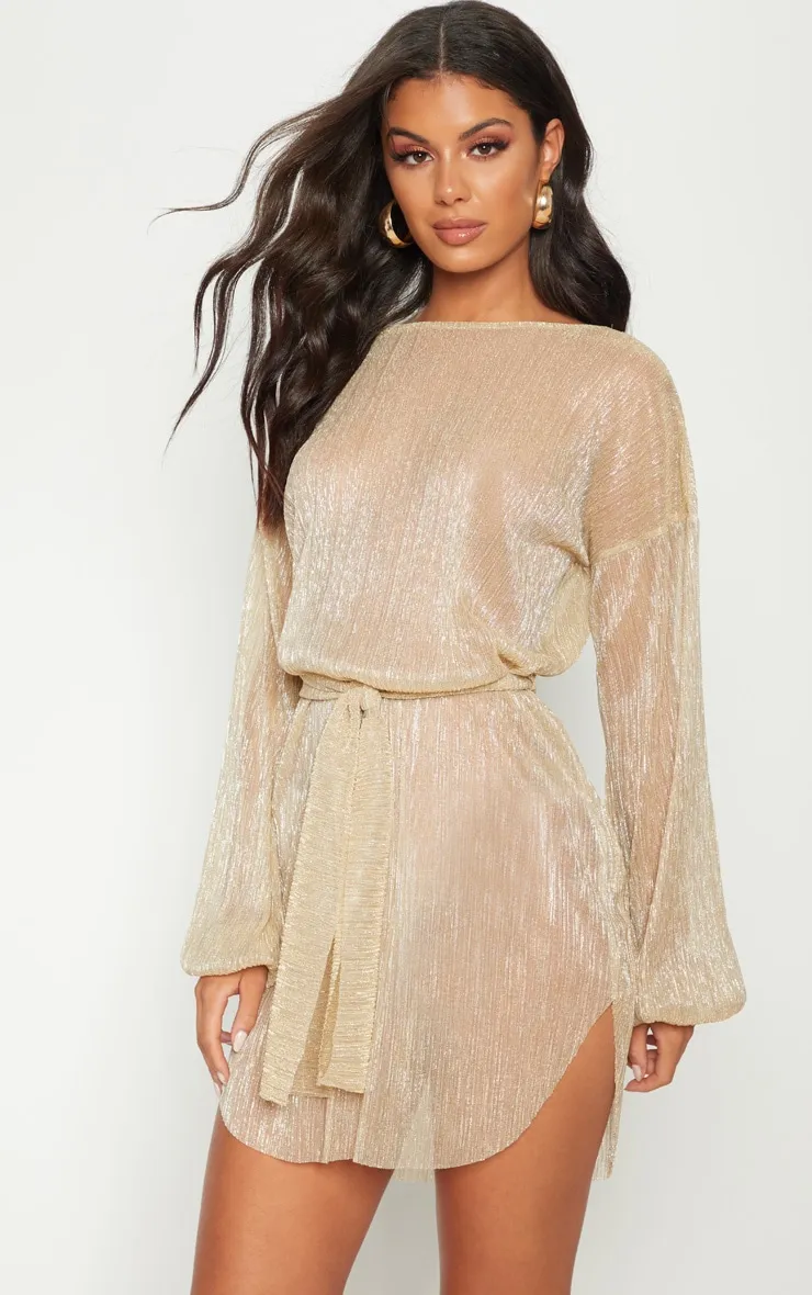 Gold Plisse Balloon Sleeve Sheer Shift Dress sold by Pretty Little Thing