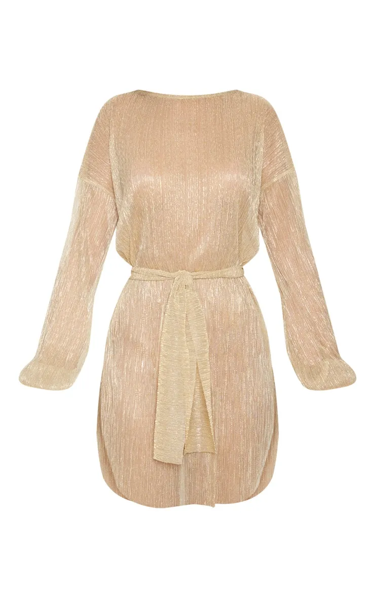 Gold Plisse Balloon Sleeve Sheer Shift Dress sold by Pretty Little Thing product image thumbnail 3