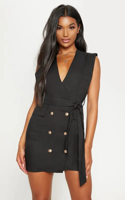 Black Sleeveless Gold Button Detail Blazer Dress sold by Pretty Little Thing