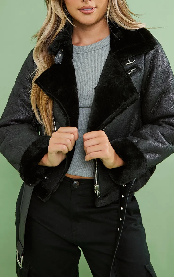 Black PU Cropped Belted Aviator sold by Pretty Little Thing product image thumbnail 4