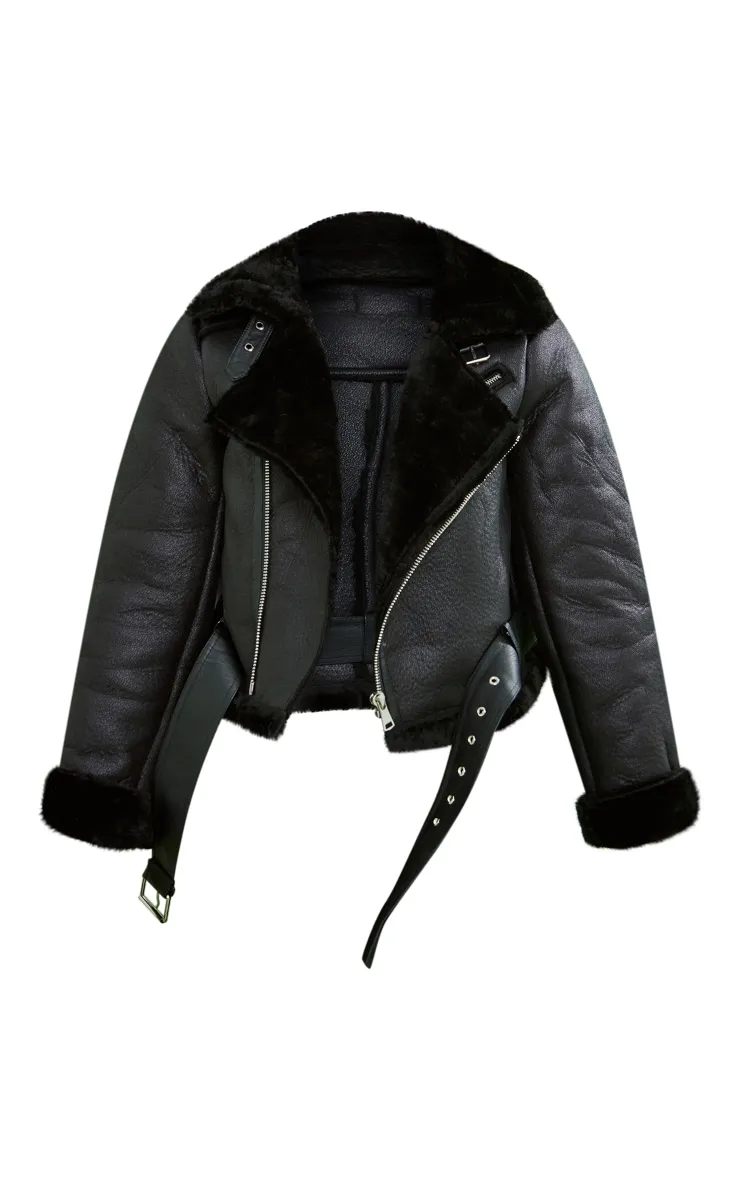 Black PU Cropped Belted Aviator sold by Pretty Little Thing product image thumbnail 5