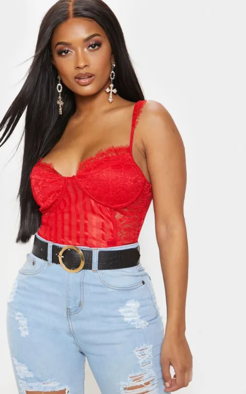 Shape Red Lace Mesh Stripe Bodysuit sold by Pretty Little Thing