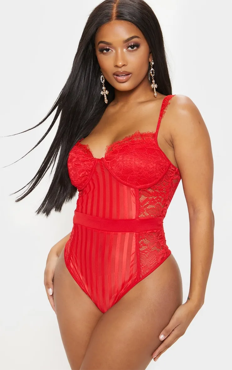 Shape Red Lace Mesh Stripe Bodysuit sold by Pretty Little Thing product image thumbnail 2