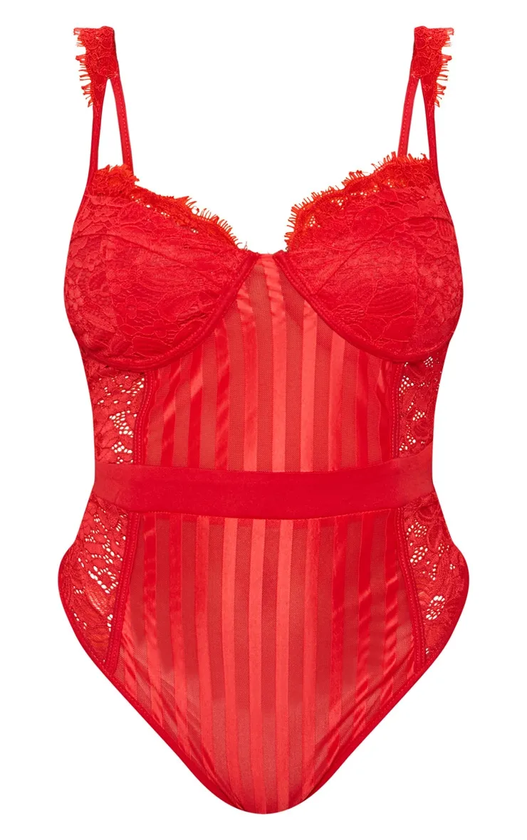 Shape Red Lace Mesh Stripe Bodysuit sold by Pretty Little Thing product image thumbnail 3