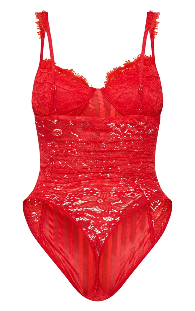 Shape Red Lace Mesh Stripe Bodysuit sold by Pretty Little Thing product image thumbnail 4