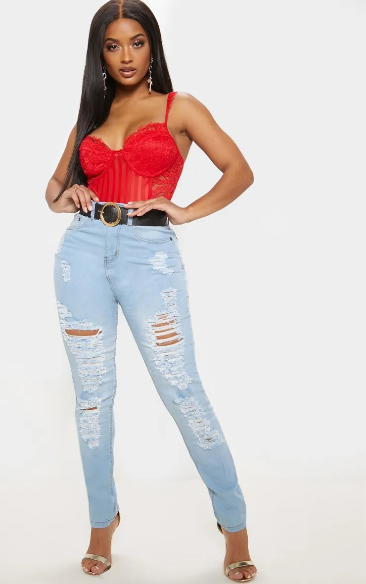 Shape Red Lace Mesh Stripe Bodysuit sold by Pretty Little Thing product image thumbnail 5