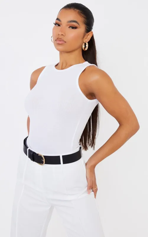 White Soft Rib Racer Neck Sleeveless Bodysuit sold by Pretty Little Thing