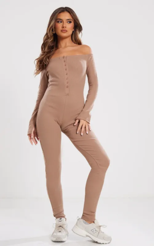  Camel Off The Shoulder Button Front Ribbed Jumpsuit sold by Pretty Little Thing