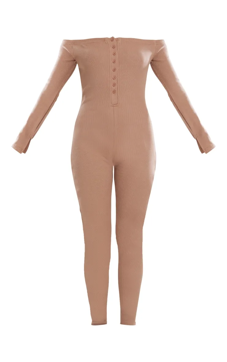 Camel Off The Shoulder Button Front Ribbed Jumpsuit sold by Pretty Little Thing product image thumbnail 5