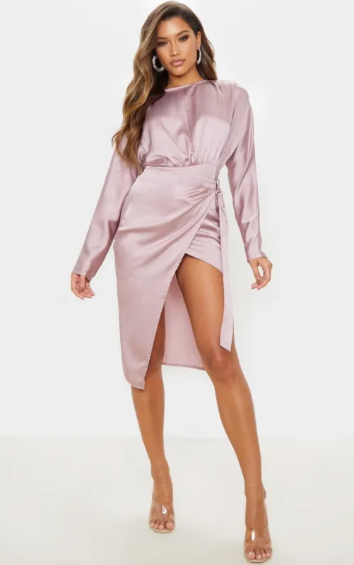 Mauve Satin Wrap Skirt Backless Midi Dress sold by Pretty Little Thing