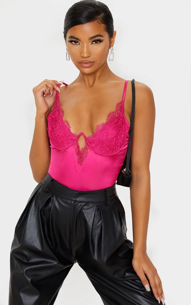 Hot Pink Satin Lace V Cup Bodysuit sold by Pretty Little Thing