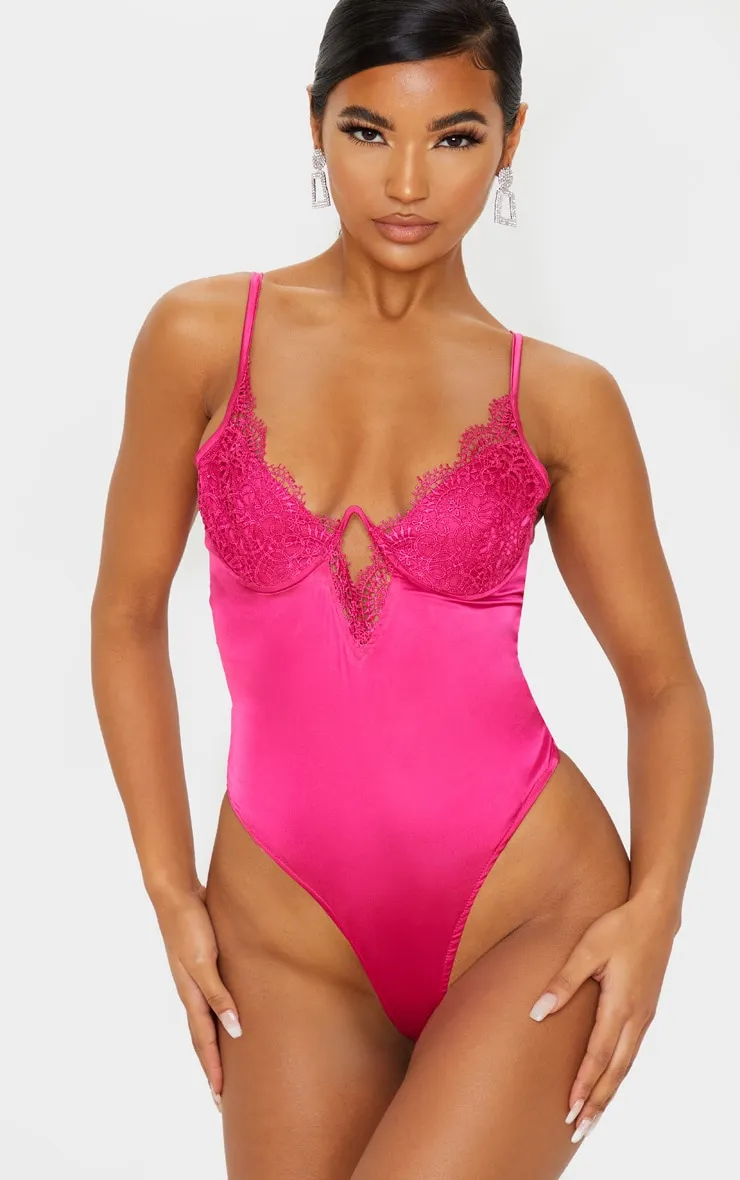 Hot Pink Satin Lace V Cup Bodysuit sold by Pretty Little Thing product image thumbnail 2