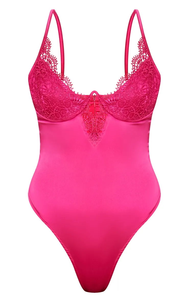 Hot Pink Satin Lace V Cup Bodysuit sold by Pretty Little Thing product image thumbnail 3