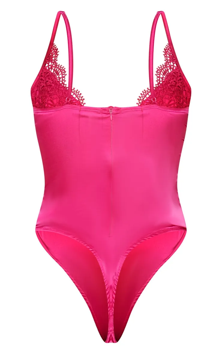 Hot Pink Satin Lace V Cup Bodysuit sold by Pretty Little Thing product image thumbnail 4