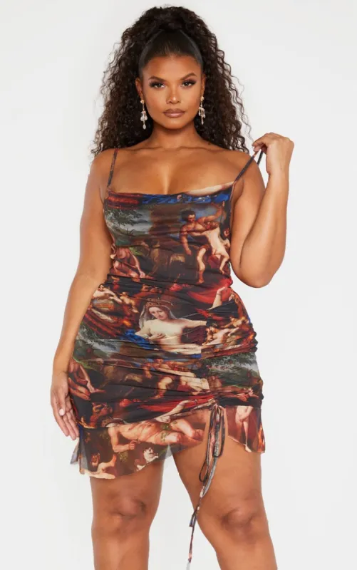 Plus Multi Renaissance Print Ruched Bodycon Dress made by Pretty Little Thing