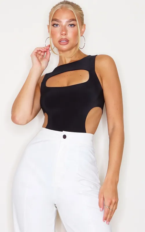Black Slinky Front Cut Out Racer Bodysuit sold by Pretty Little Thing