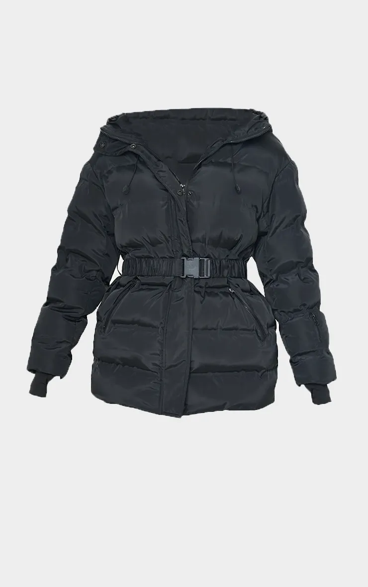 Black Quilted Belted Cuffed Sleeve Puffer Coat. sold by Pretty Little Thing product image thumbnail 5