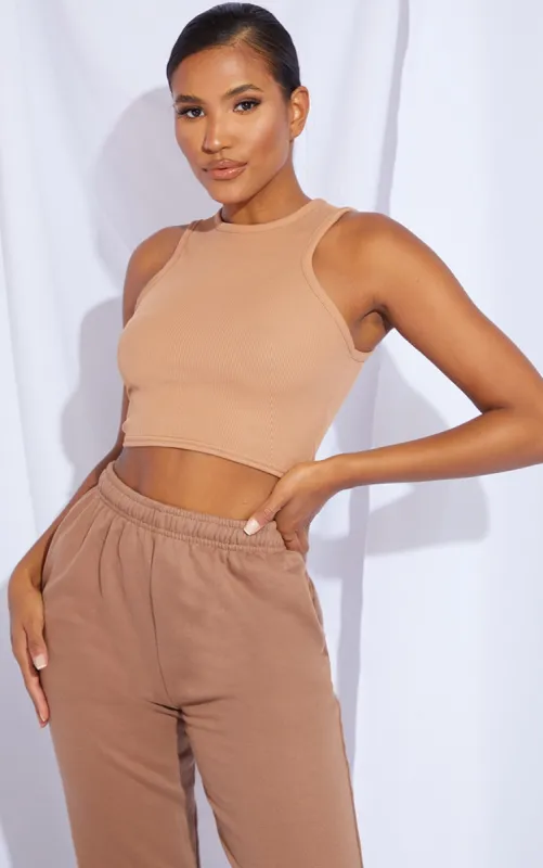 Camel Rib Racer Neck Vest sold by Pretty Little Thing