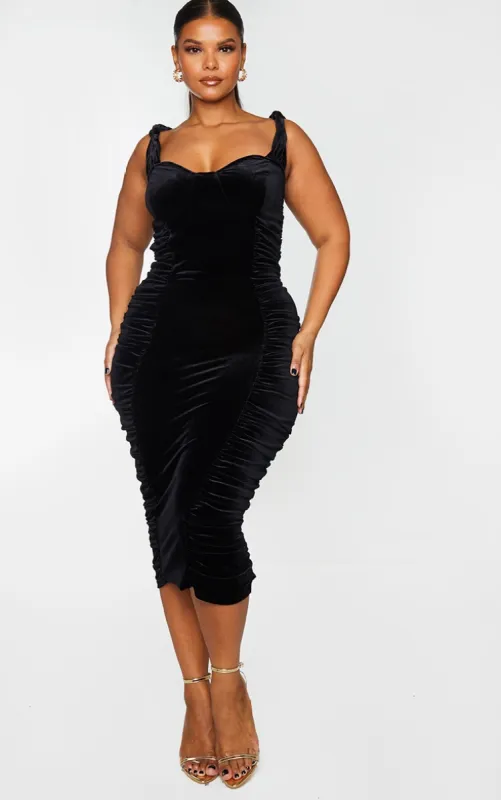Plus Black Velvet Extreme Ruched Side Detail Midi Dress sold by Pretty Little Thing