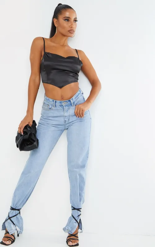 Black Satin Cowl Neck Crop Top sold by Pretty Little Thing