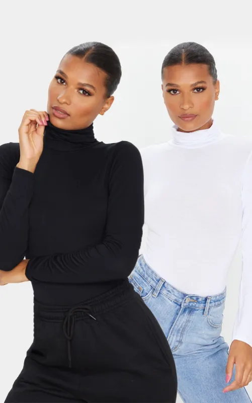 Basic Black & White Cotton Blend Roll Neck Bodysuit 2 Pack sold by Pretty Little Thing