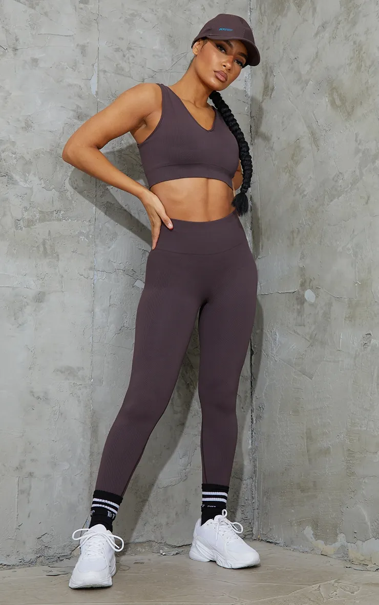 Chocolate V Neck Padded Textured Seamless Sports Bra sold by Pretty Little Thing product image thumbnail 3